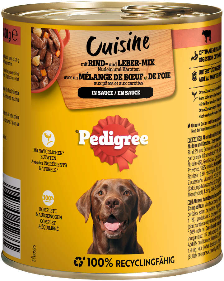 Pedigree Hunde-Nassfutter Cuisine mit Rind- und Leber-Mix, Nudeln und Karotten in Sauce